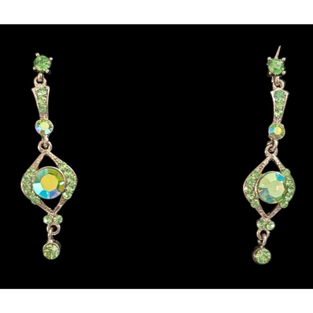 Light Green Crystal Rhinestone Dangle Earring Bangle Bracelet Set Pierced - Picture 2 of 9